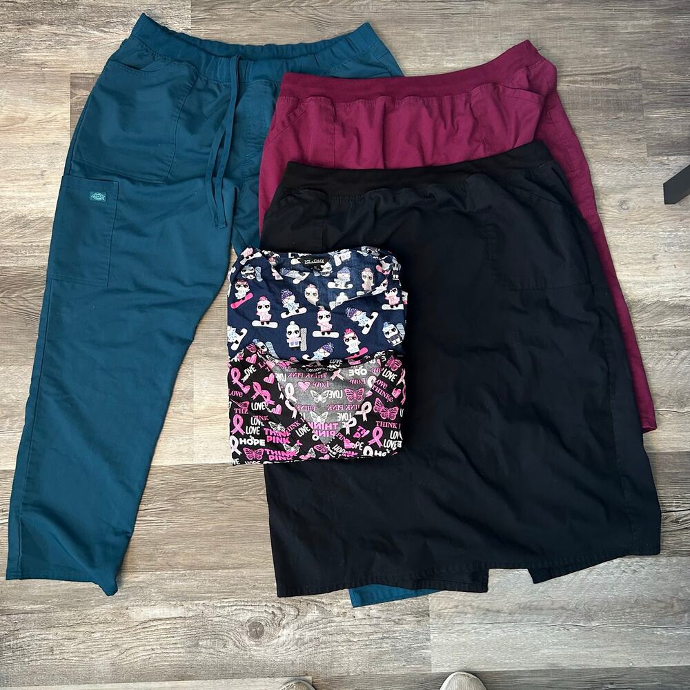 Women’s Scrub Lot Size 2XL – Dickies Pants, Cherokee Skirts, 2 Pattern Top